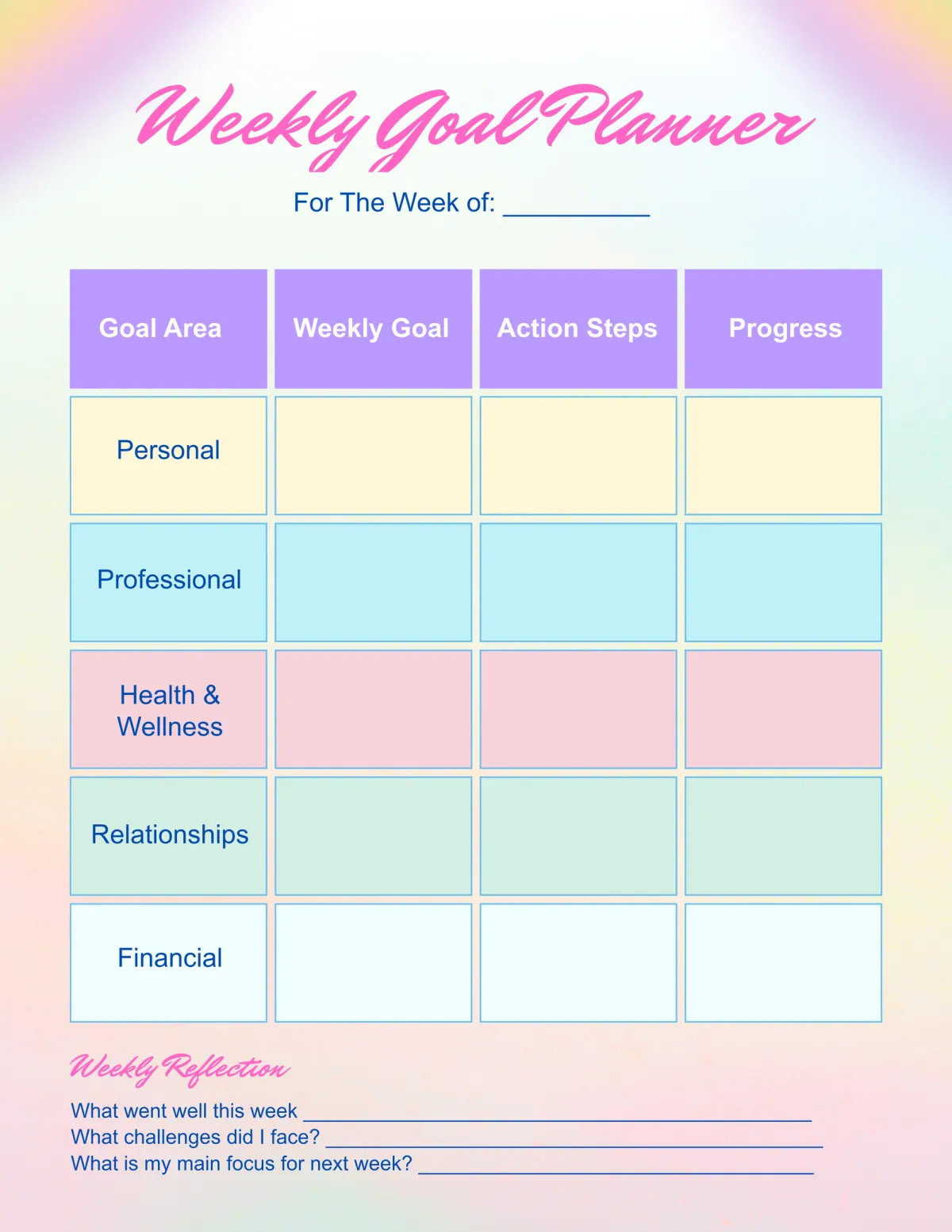 weekly assignment with goals template