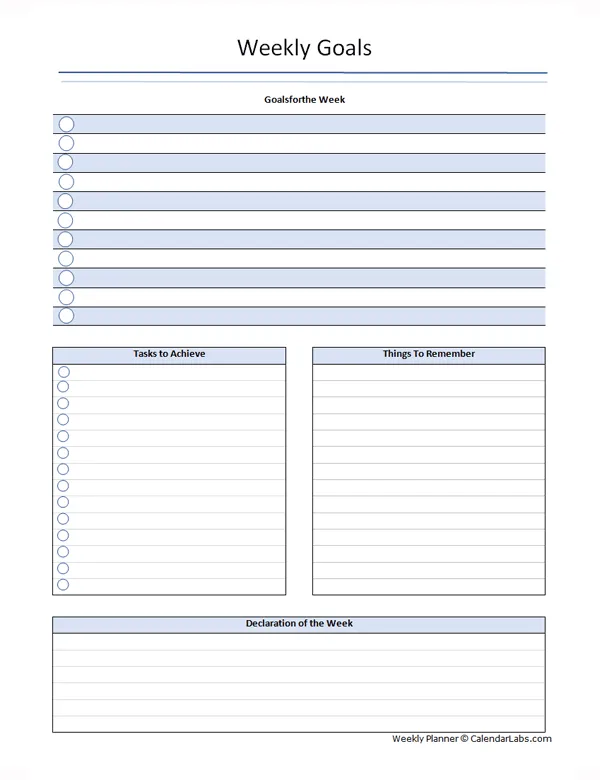 Printable weekly assignment with goals template