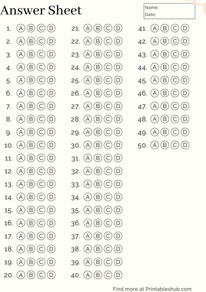 50 Question Answer Sheet Template