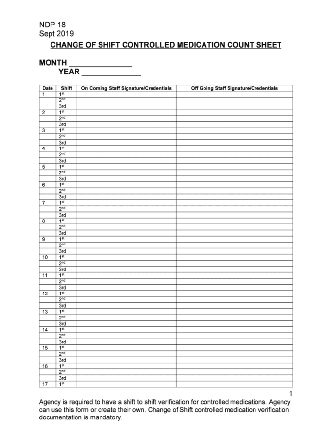 Shift to Shift Narcotic Count Sheet Template