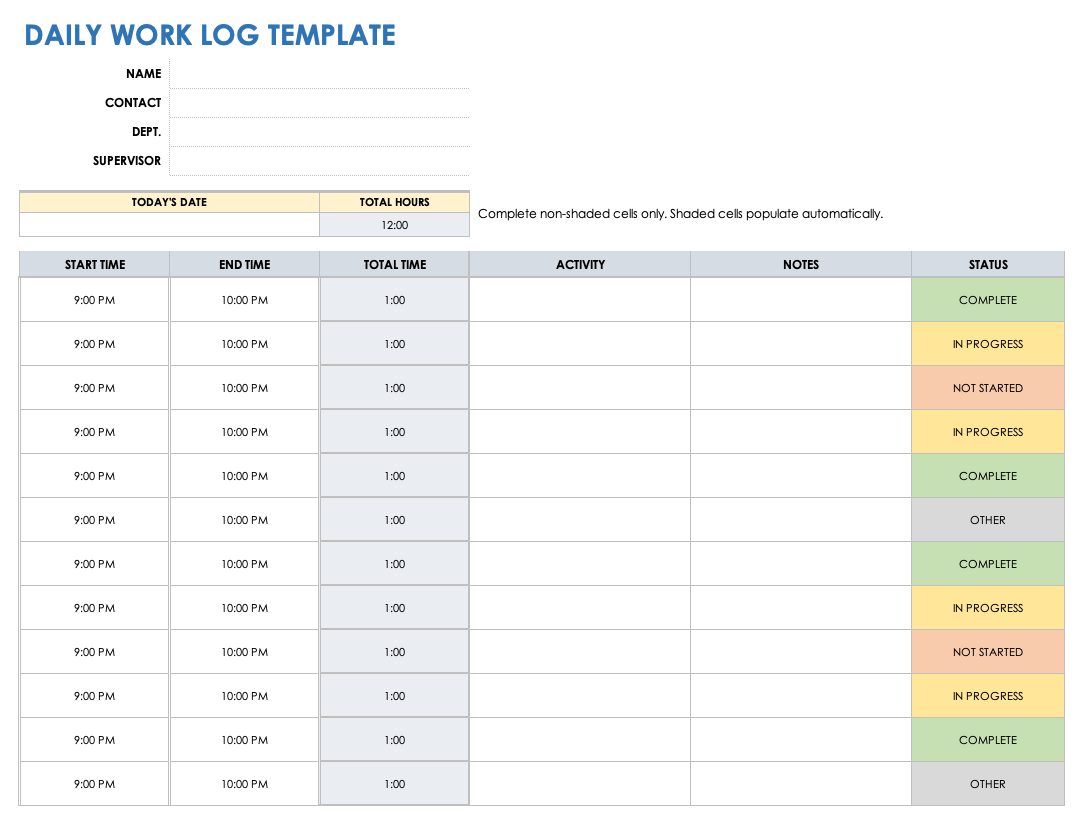 Daily activity log sheet template