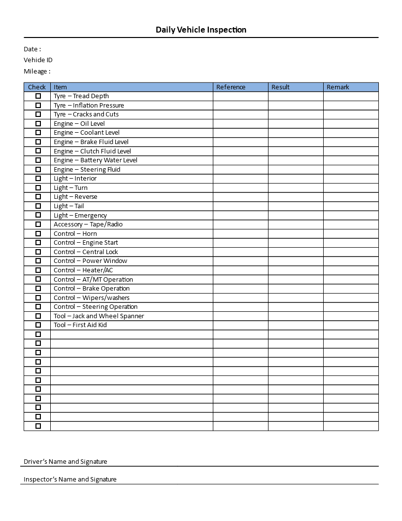 Daily Van Check Sheet Template Daily Van Check Sheet Template