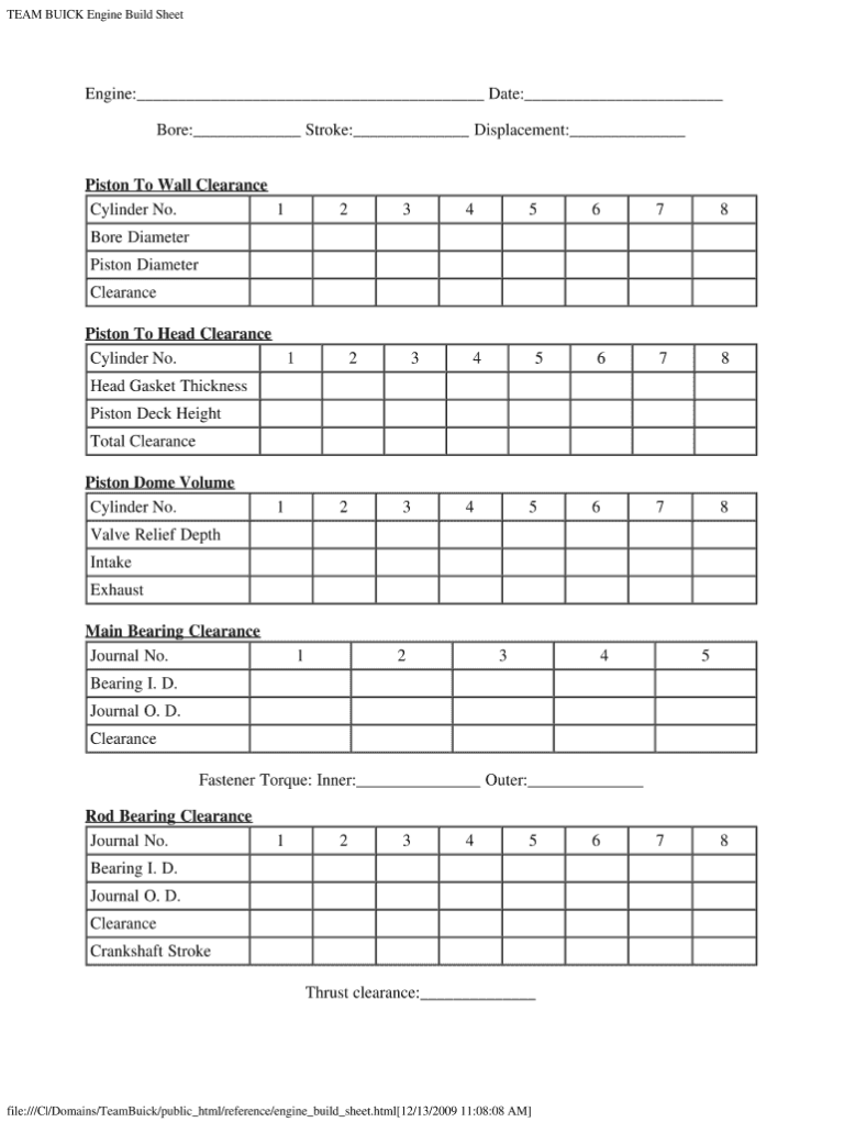 Printable Engine Build Sheet Template