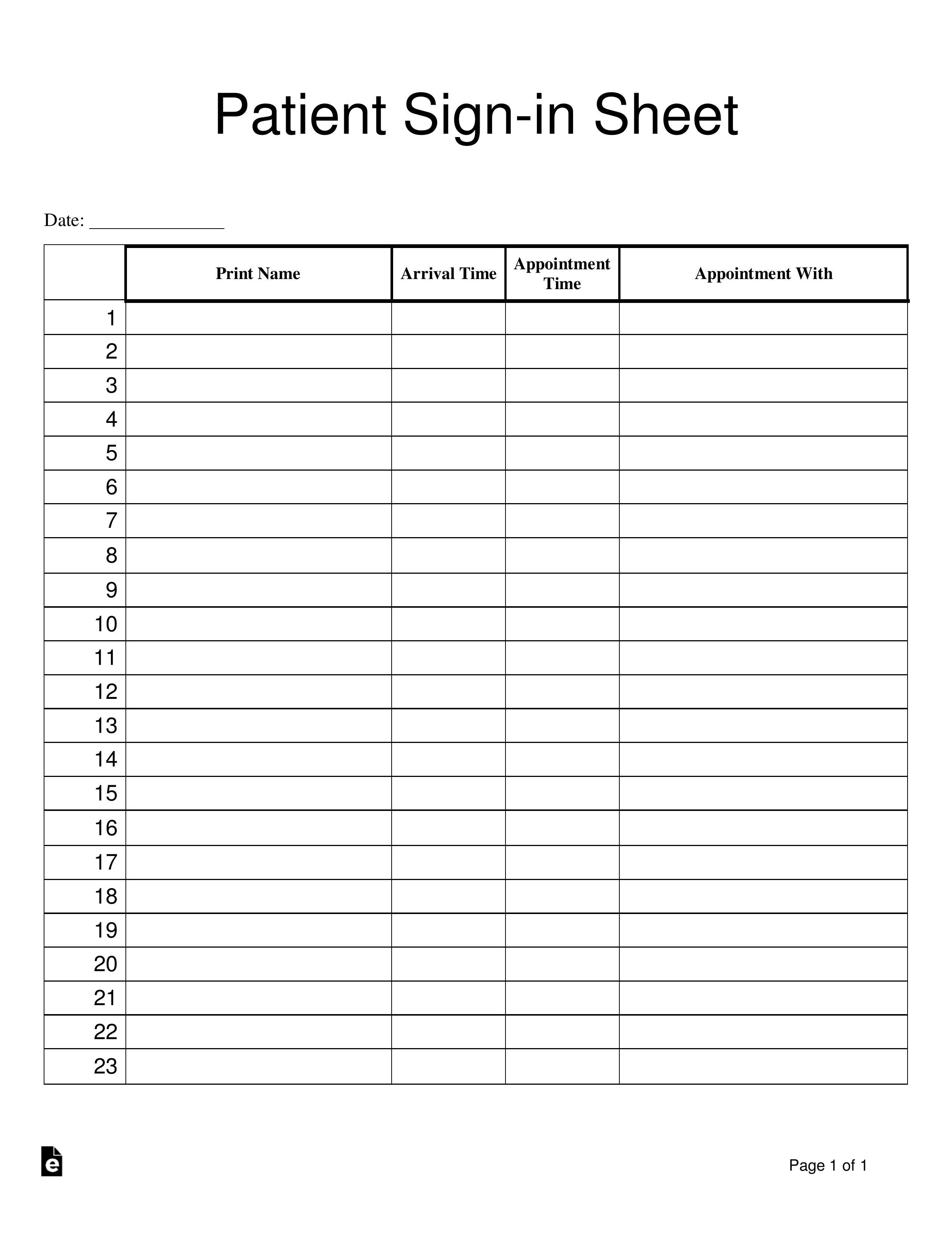 Printable Patient Sign In Sheet Template