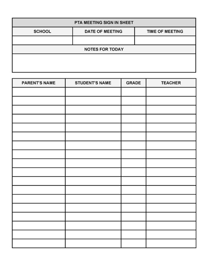PTA Sign In Sheet Template