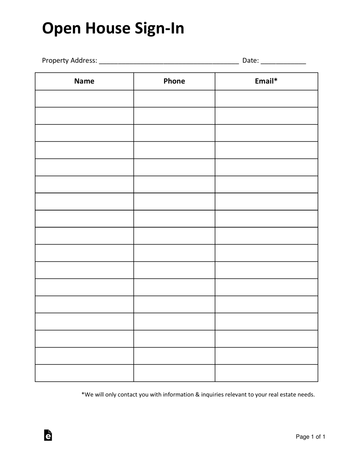 Realtor Open House Sign In Sheet Template