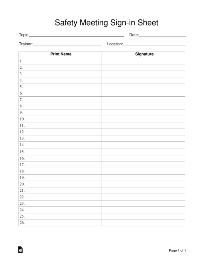 Safety Sign In Sheet Template