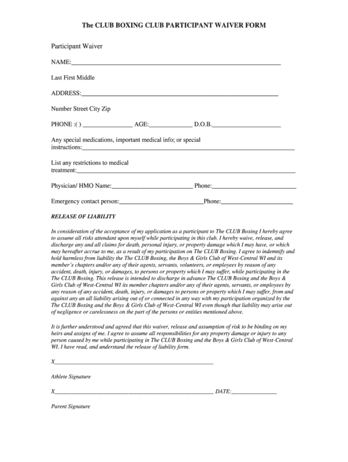 Boxing Waiver Form Template