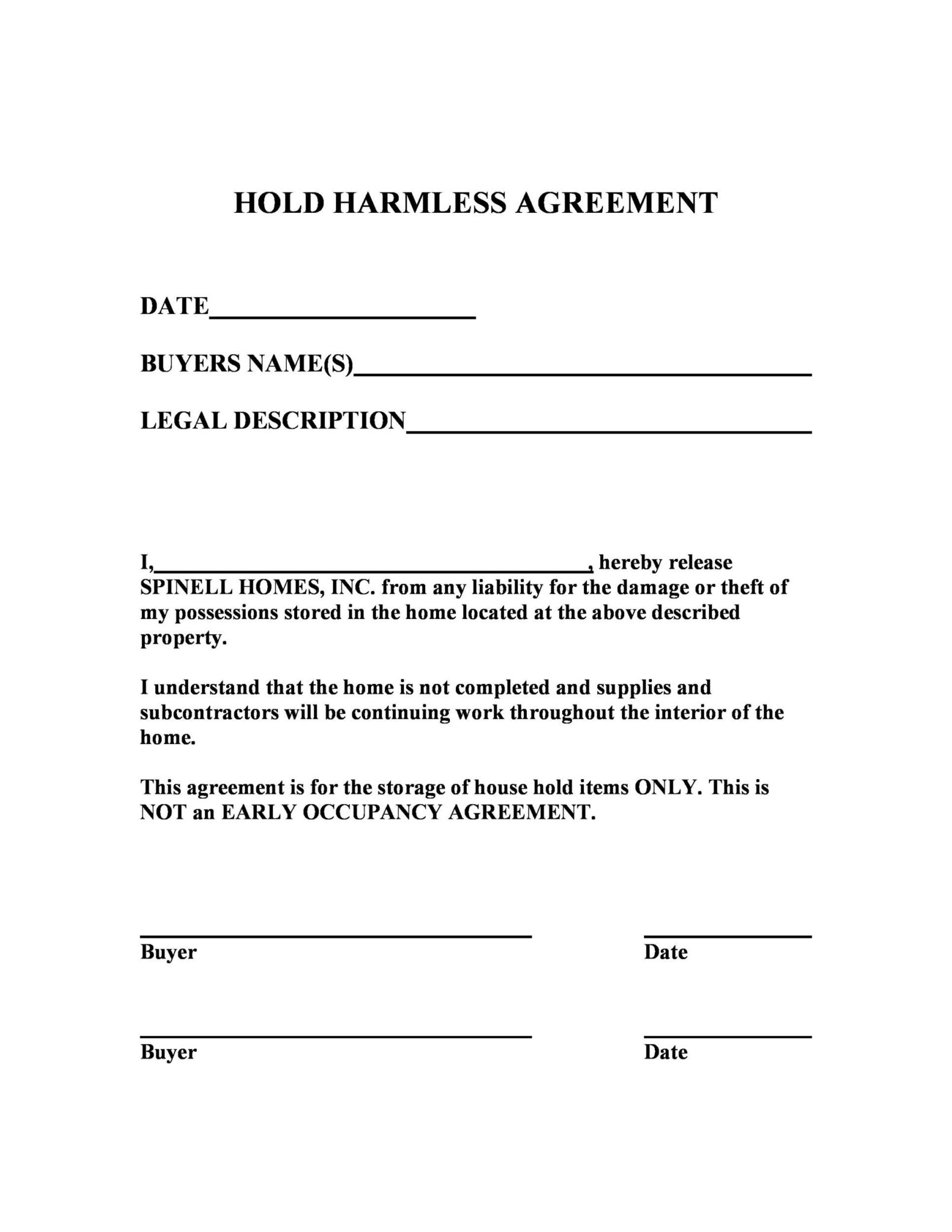Hold Harmless Waiver Template