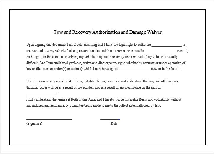 Towing Damage Waiver Form Template Towing Damage Waiver Form Template