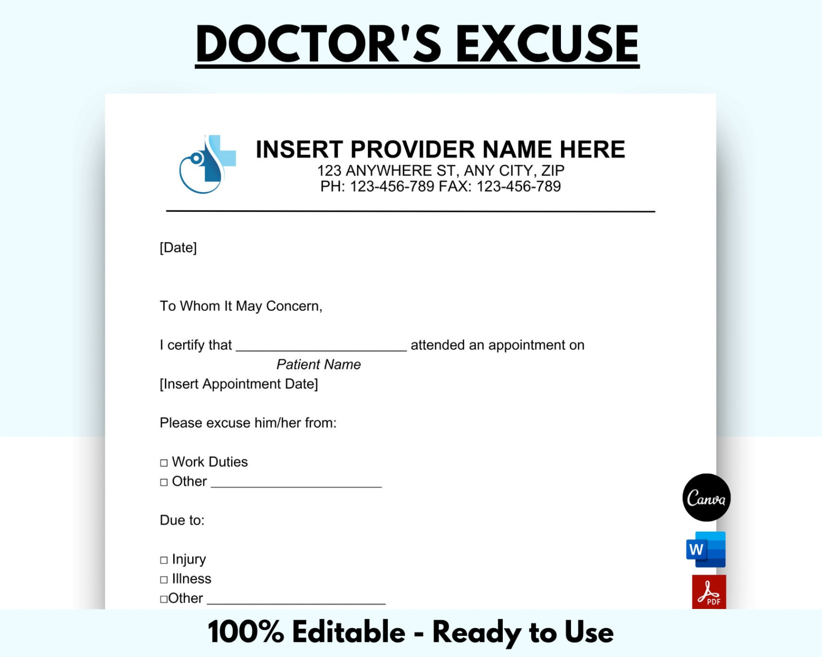 Custom Dental Office Work Excuse Template Doc Sample