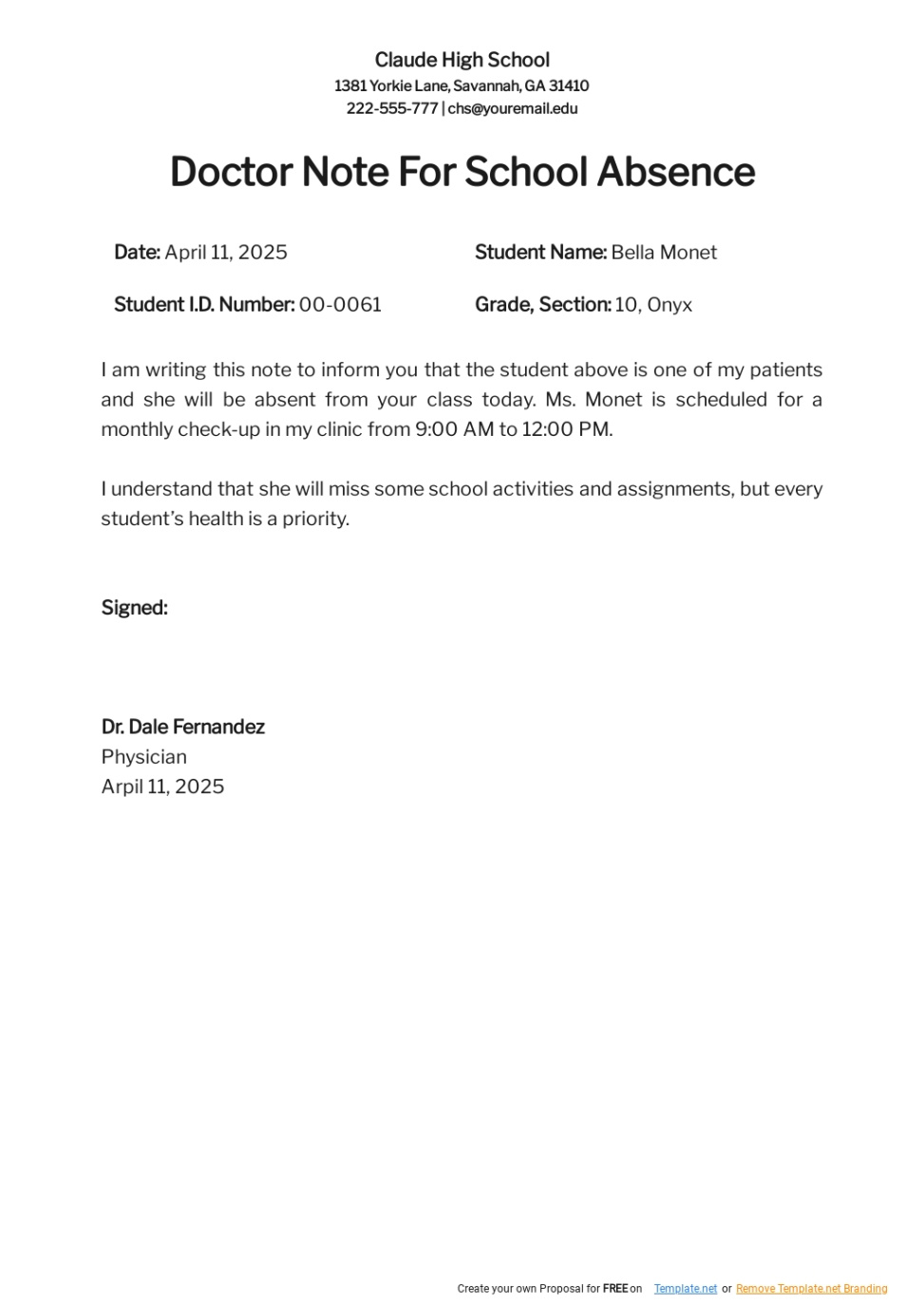 Free Custom Parent School Excuse Template Pdf Sample