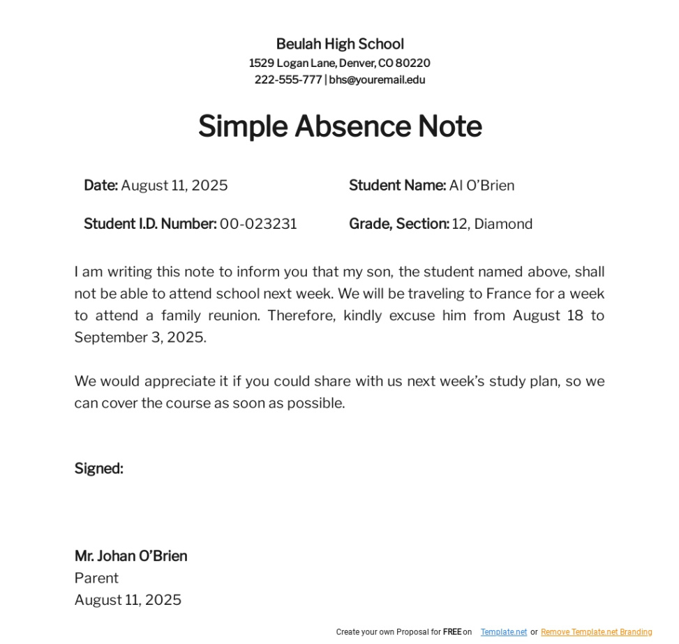 Free  Parent School Excuse Template Word
