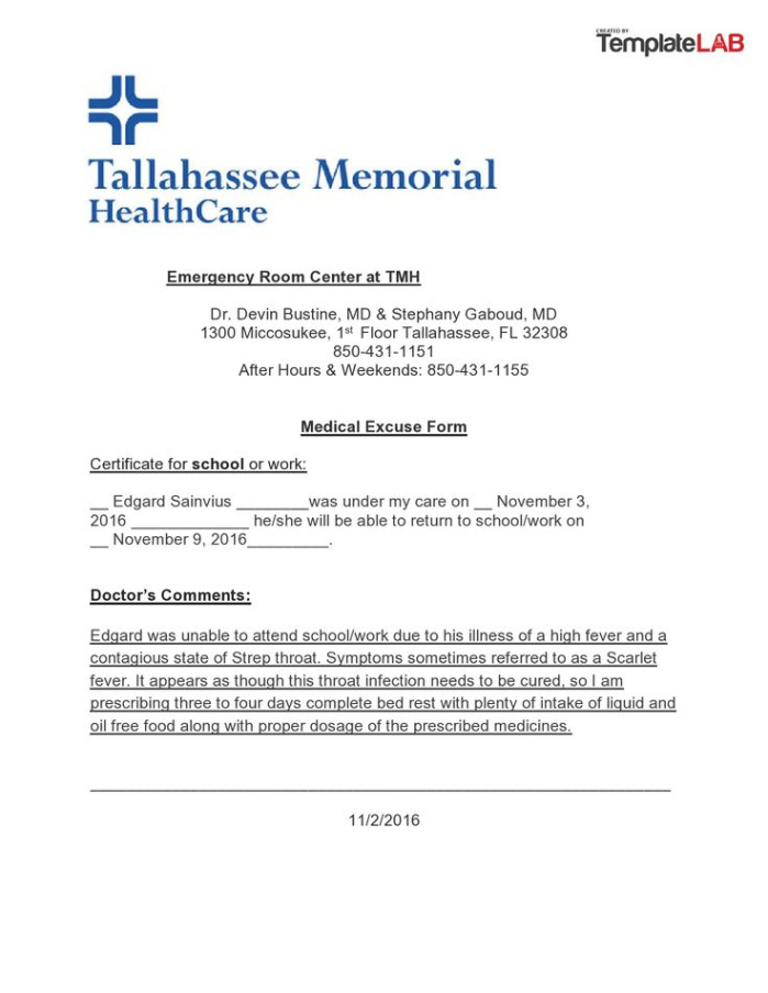 Free Printable Hospital Emergency Room Excuse Template Doc Sample