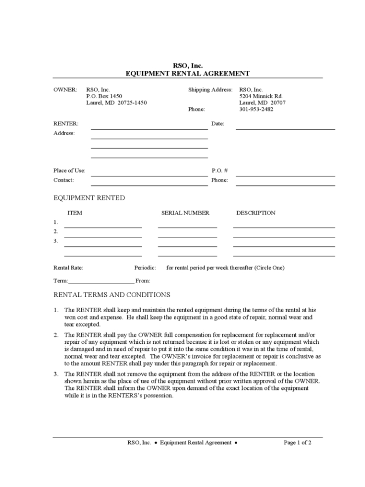 Editable Equipment Rental Document Template