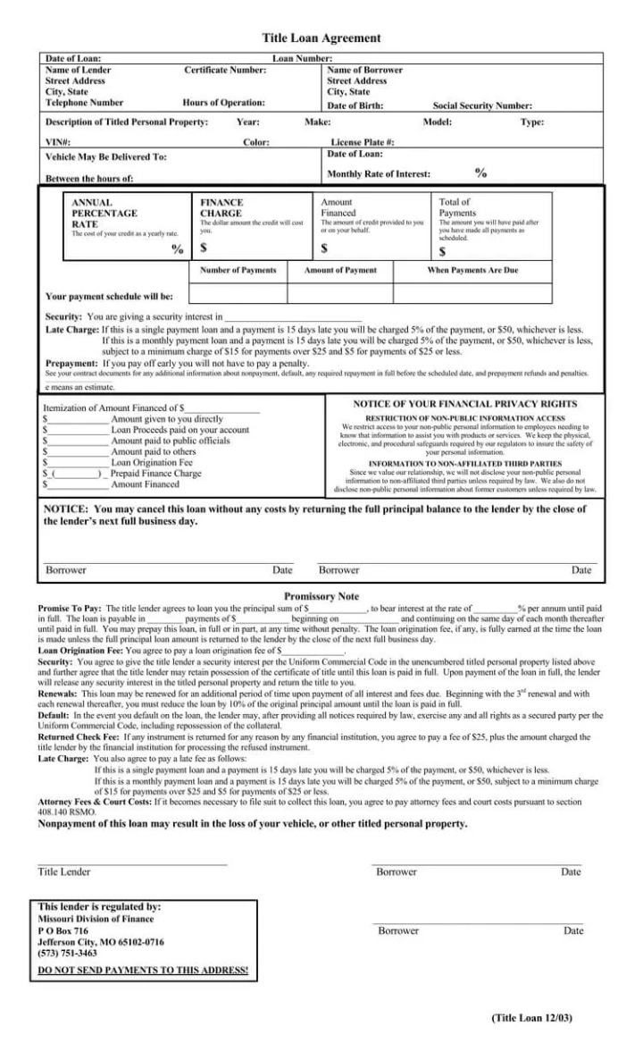 Free Printable Car Loan Document Template