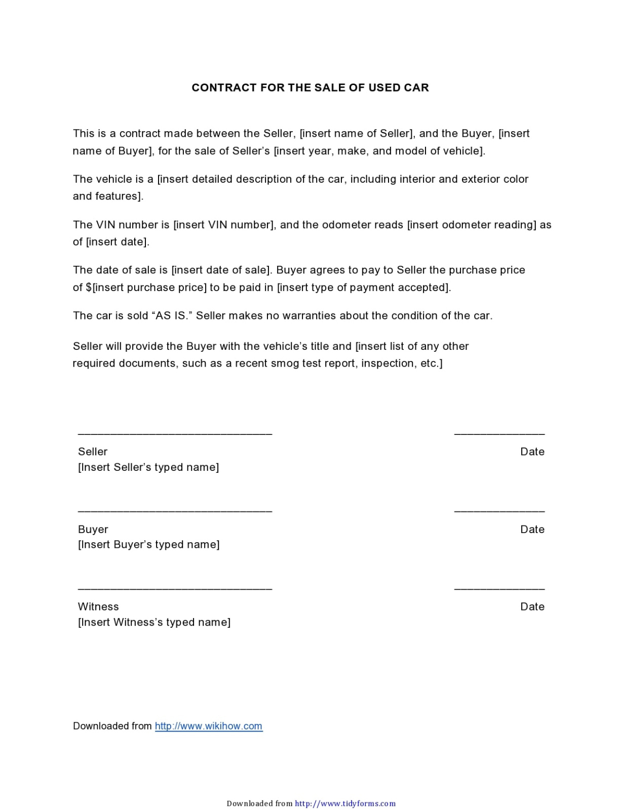 Printable Car Selling Document Template Doc