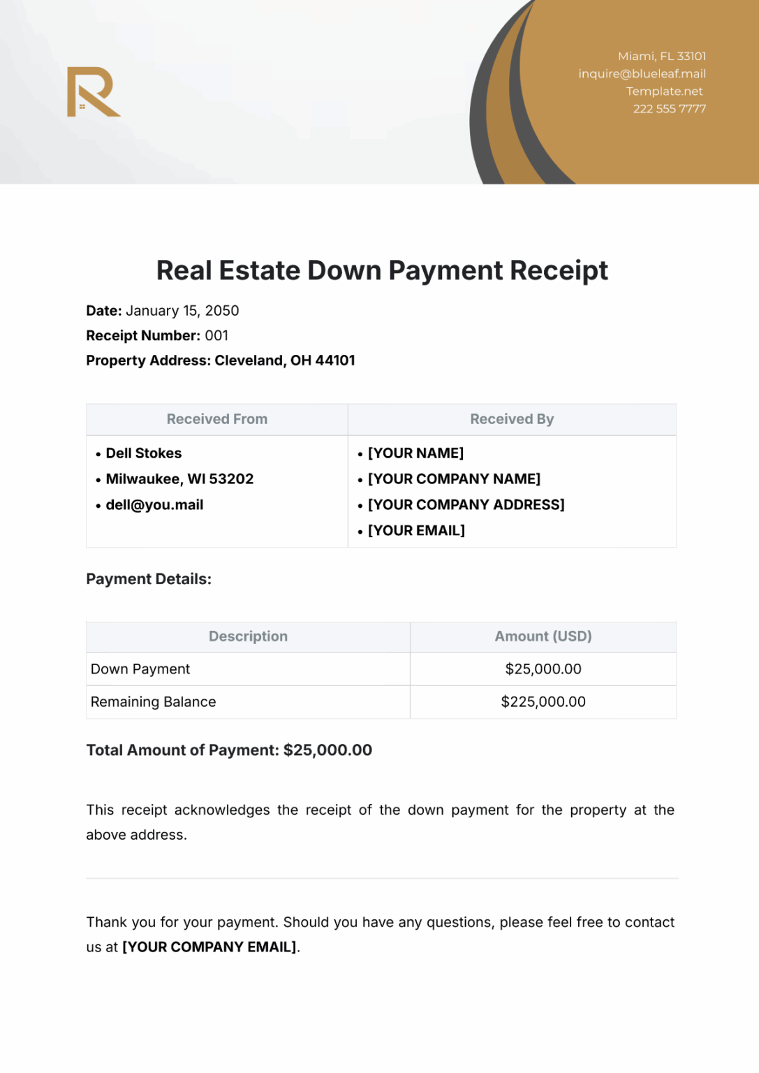 Construction Down Payment Receipt Template