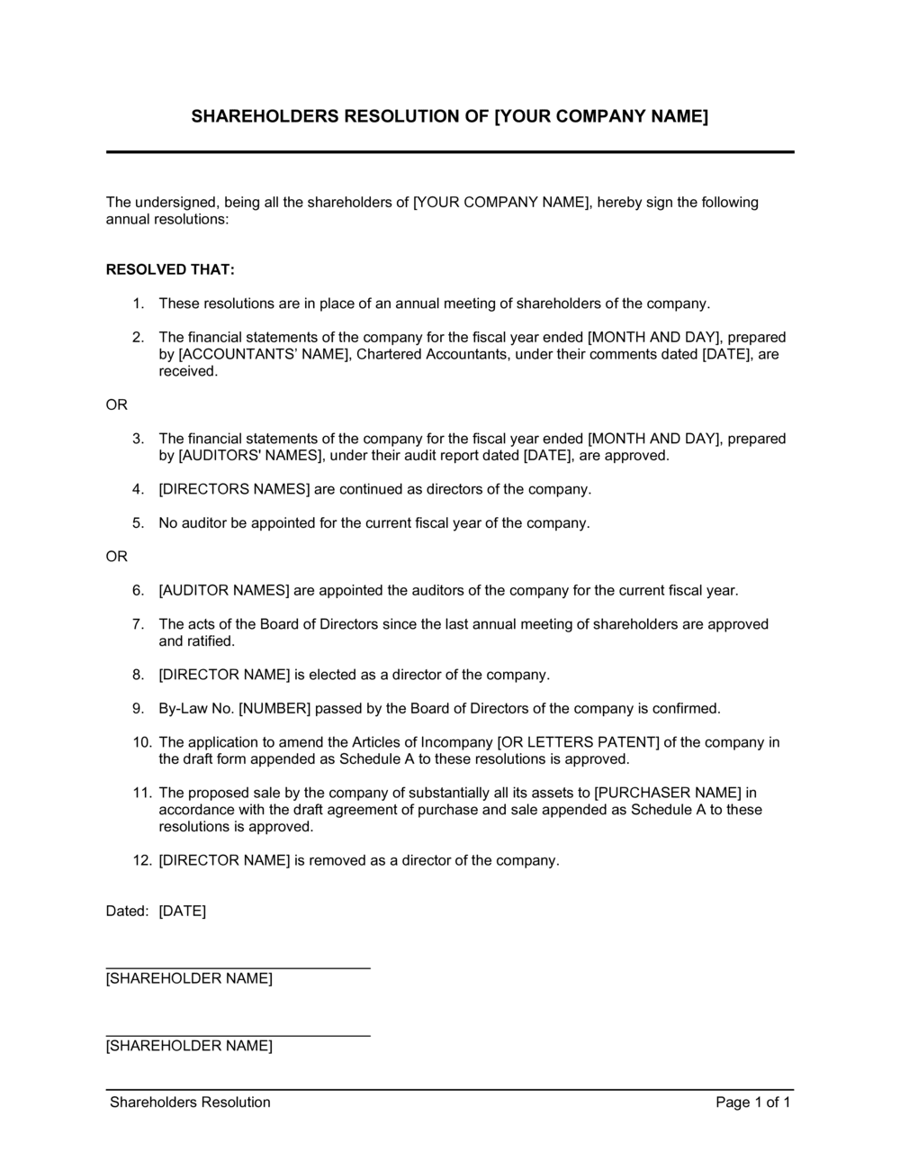Shareholder Resolution Document Template