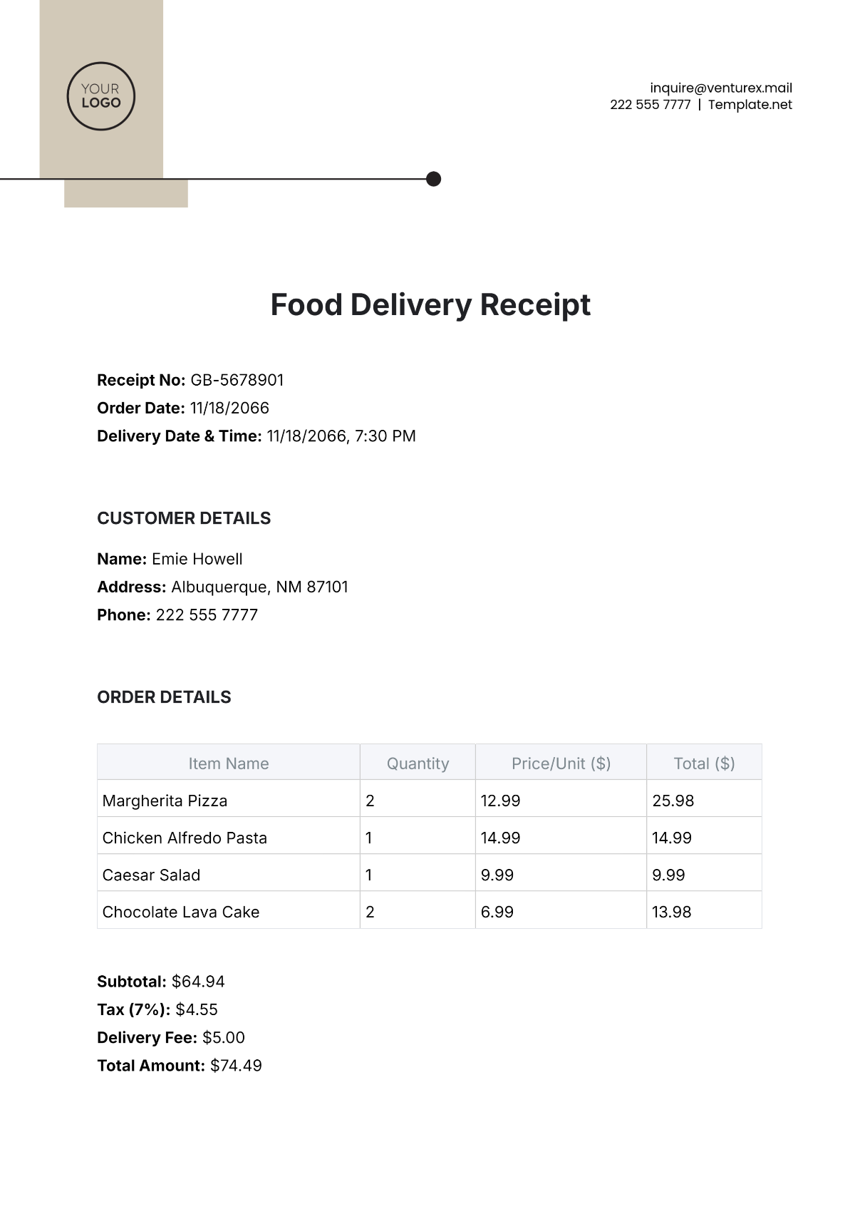 Delivery Food Box Receipt Template
