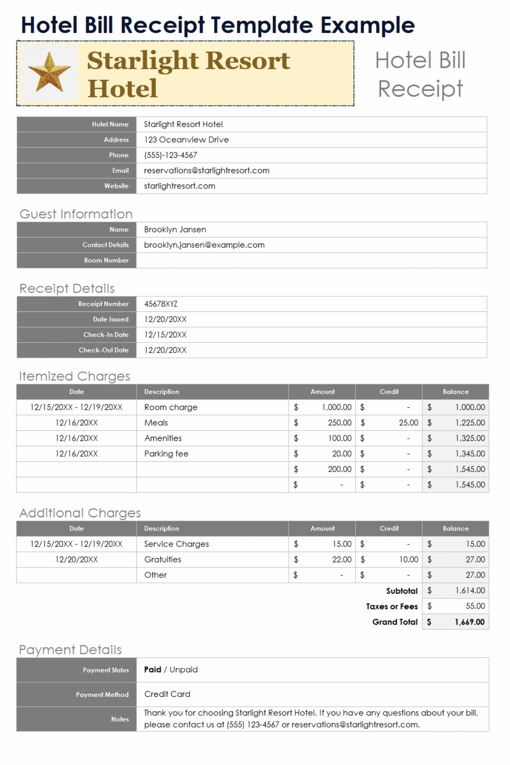 Expense Receipt Template For Hotel